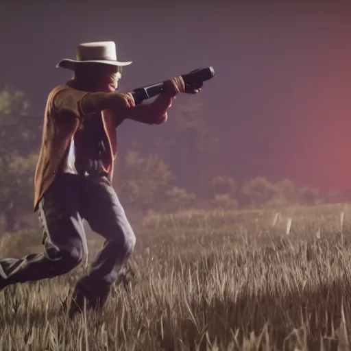 Image similar to killua dual-wielding in red dead redemption 2, cinematic shot, night time