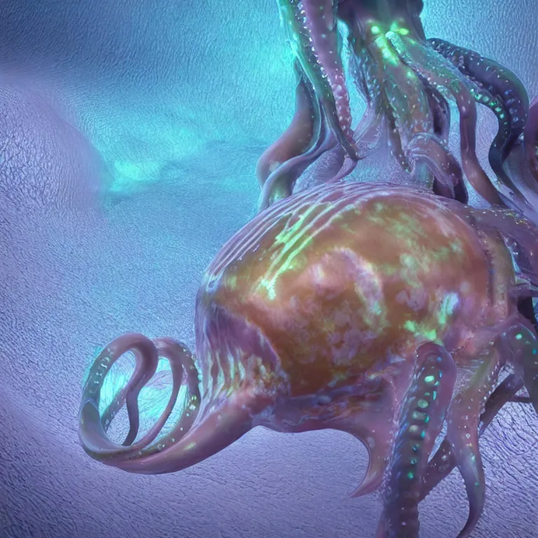 Image similar to octane render portrait by wayne barlow and carlo crivelli and glenn fabry, a deep ocean mariana trench fish squid octopus jellyfish creature made out inflated clear iridescent plastic and bioluminescence, cinema 4 d, ray traced lighting, very short depth of field, bokeh