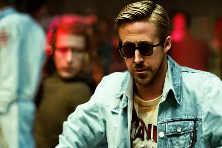 Prompt: Ryan Gosling playing Jacket in a live action adaptation of Hotline Miami, film still, dramatic lighting, 80s retro, bloody,