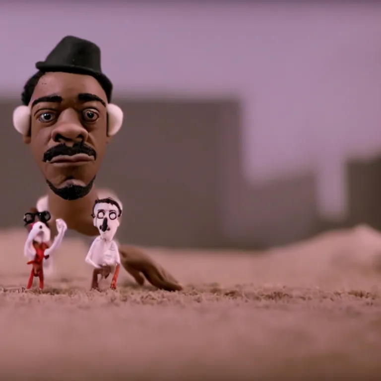 Image similar to a cinematic film still of a claymation stop motion film starring andre 3 0 0 0 hay ya music video, shallow depth of field, 8 0 mm, f 1. 8