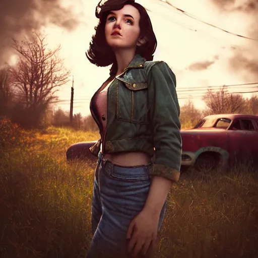 Image similar to fallout 5, charismatic brunette female protagonist, portrait, outdoors scene, somewhere in a low density rural town, retro rusted cars, atmospheric lighting, painted, intricate, volumetric lighting, beautiful, daytime, sunny weather, sharp focus, slightly desaturated, ultra detailed, by leesha hannigan, ross tran, thierry doizon, kai carpenter, ignacio fernandez rios