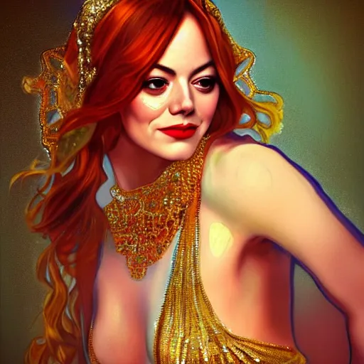 Image similar to a photorealistic portrait of emma stone dressed as a belly dancer, arabian night, high quality, fully detailed, 4 k, in focus sharp face with fine details, realistic hand details and anatomy, inspired by belly dancer on youtube, alphonse mucha, masterpiece, stunning, artstation