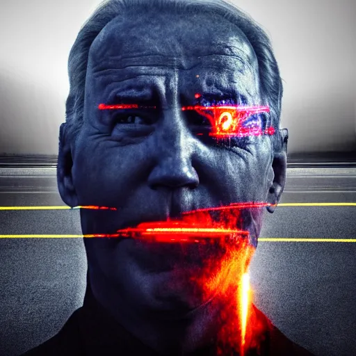 Image similar to portrait of asphalt face, joe biden, lasers shooting out of glowing eyes, smooth reflections, angry looking at camera, outdoor, black sky, 8 k, realistic, depth of field, rule of thirds, highly detailed, award winning photography.