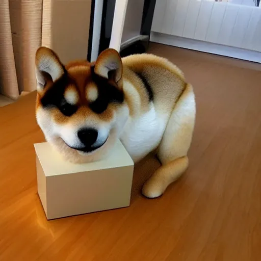 Prompt: A shiba inu that is in the shape of a cube.