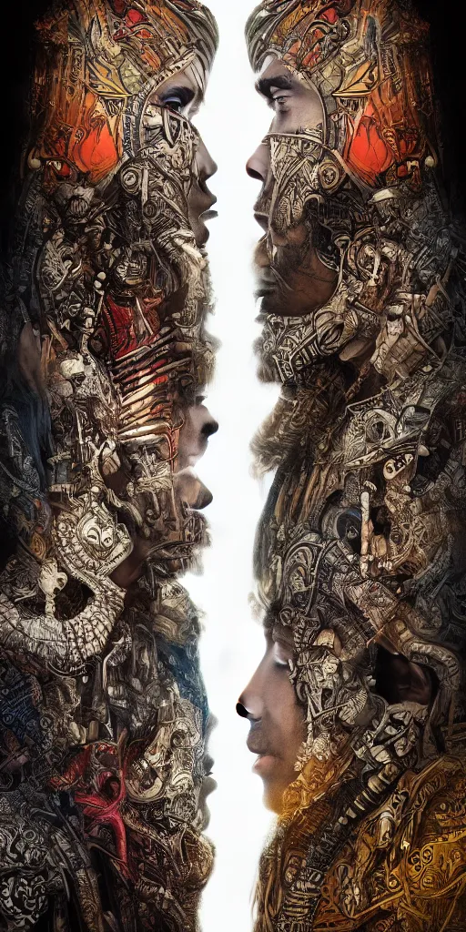 Image similar to HDR portrait photography of two Deities horizontally mirrored between utopia on the right and the underworld on the left. The Benevolent Cyborg Queen in utopia on the right, mirroring The Evil Cyborg King in the dark underworld on the left, ethnic fantasy, intricate, elegant, highly detailed, African, Egyptian, Aztec, Mayan, digital painting, trending on ArtStation, HDR photo, smooth, sharp focus, illustration, art by artgerm and greg rutkowski and alphonse mucha