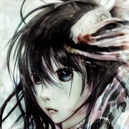 Image similar to yoshitaka amano blurred and dreamy illustration of an anime girl with bandage on the eyes, wavy white hair and cracks on her face near eyes wearing elden ring armour with the cape fluttering in the wind, abstract black and white patterns on the background, noisy film grain effect, highly detailed, renaissance oil painting, weird portrait angle