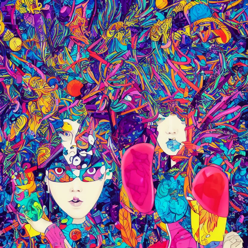 Image similar to futuristic disco, colors and shapes by tristan eaton and james jean, chiho aoshima color scheme