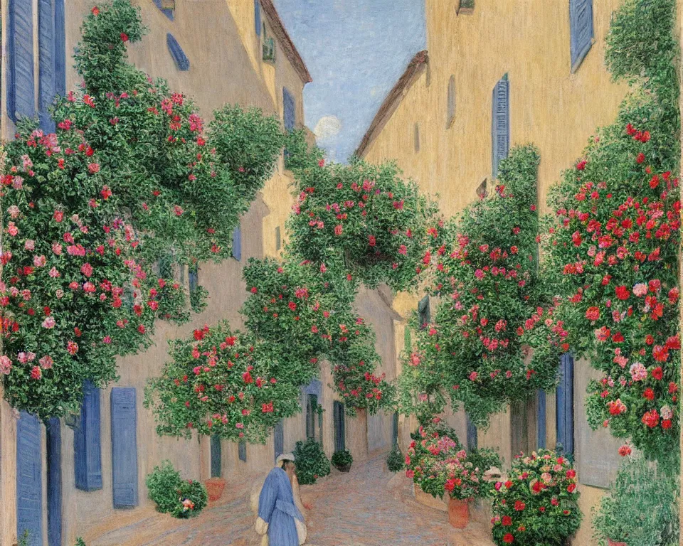 Prompt: a quaint, narrow italian street with cobblestones and flower baskets by hopper and monet