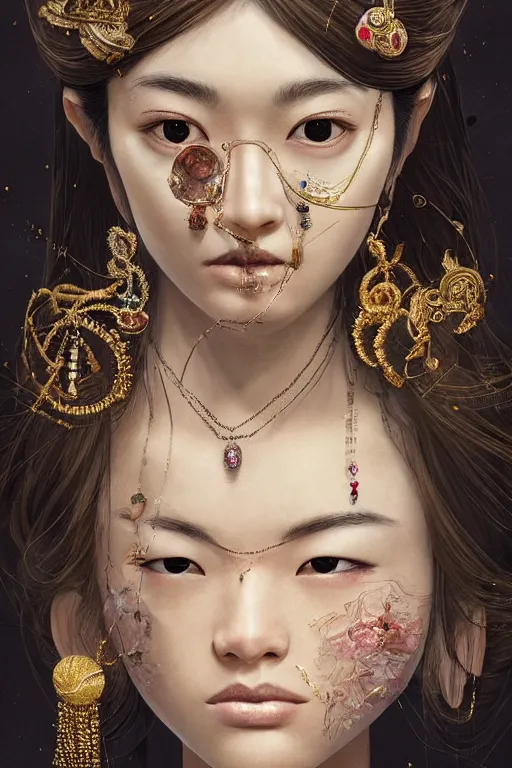 Image similar to beautiful very detailed portrait of Marin Kitagawa with lots of jewelry in the face, full body, in the background there is a minimalistic palace, digital art , dramatic cinematic lighting rendered by octane, 8k, detailed, intricate, clean and textures, trending on artstation, treanding on deviantart, trending on cgsociety, pinterest, by Lauren Brevner + FRANS SMIT