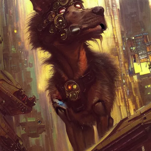 Image similar to portrait german dogman canine nerd neuromancer. spaceship futuristic city. shadowrun cyberpunk fantasy d & d painting by gaston bussiere craig mullins jc leyendecker gustav klimt artgerm greg rutkowski john berkey, bergey, craig mullins, ruan jia, raymond swanland, tom lovell