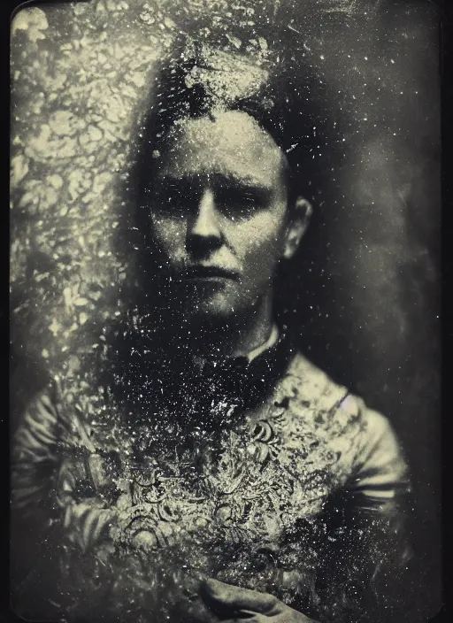 Image similar to old wetplate daguerreotype portrait, explosion of data fragments, fractal, intricate, elegant, highly detailed, parallax, leica, medium format, subsurface scattering, by damian hirst