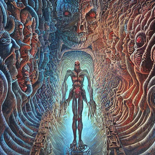 Image similar to a grand scale matte painting of a skinned man in hell by clive barker and alex grey and michael whelan