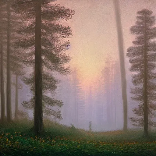 Image similar to A magical forest by Simon Stålenhag and Claude Monet