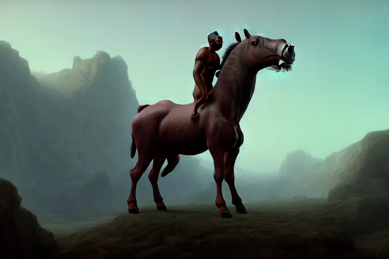 Prompt: a cinematic shot of a centaur kanye west centaur centaur, chimera, kanye west torso, majestic matte painting, by beeple, gustave dore, artstation, cgsociety, kanye west, masterpiece