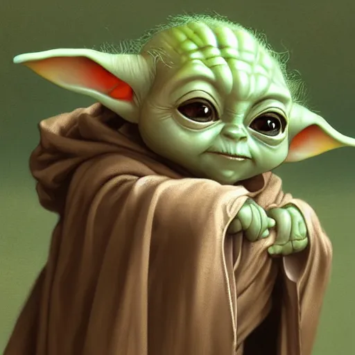 Image similar to baby yoda as frodo, intricate, elegant, highly detailed, digital painting, artstation, concept art, smooth, sharp focus, illustration, art by artgerm and greg rutkowski and alphonse mucha and william - adolphe bouguereau