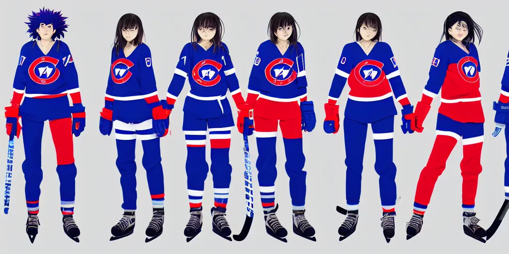 Image similar to females akira anime cyberpunk super star ice hockey players, wearing a light futuristic habs jersey, blue white and red color blocking, character concept exploration, outfit designs, trending on artstation, photorealistic, 8k