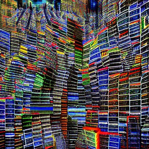 Image similar to a mountain made out of computer screens that display bitcoin logos, cinematic, post apocalyptic landscape, harsh contrast lighting, in the style of photorealism, made by richard estes robert cottingham gerhard richter robert longo ellen altfest