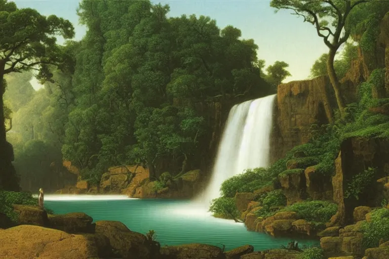 Prompt: a massive waterfall flowing into a circular pool of water surrounded by densely packed trees, painting by martin johnson heade