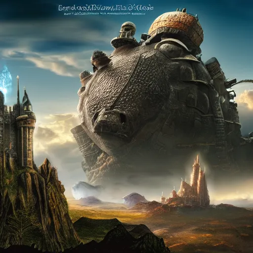 Prompt: large fantasy castle rising from the top of a giant tortoise, towering over a harsh barren wasteland, howls moving castle, mortal engines, kaiju, distant - mid - shot, fantasy, hyper detailed, 4 k