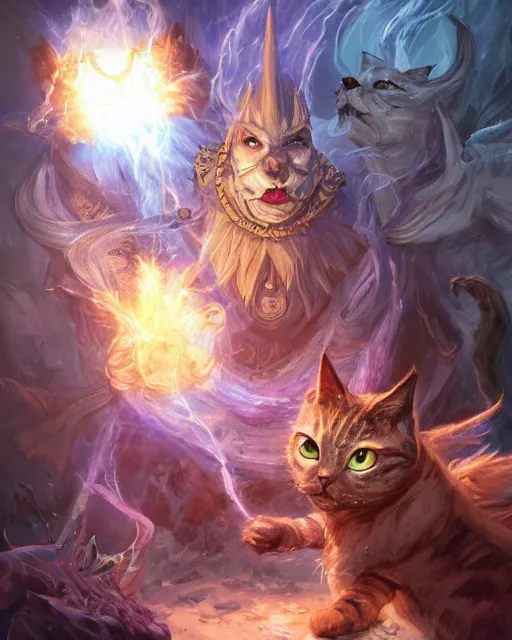 Image similar to Cat Magus, spell, Tzeentch, magic the gathering artwork, D&D, fantasy, cinematic lighting, centered, symmetrical, highly detailed, digital painting, artstation, concept art, smooth, sharp focus, illustration, volumetric lighting, epic Composition, 8k, art by Akihiko Yoshida and Greg Rutkowski and Craig Mullins, oil painting, cgsociety