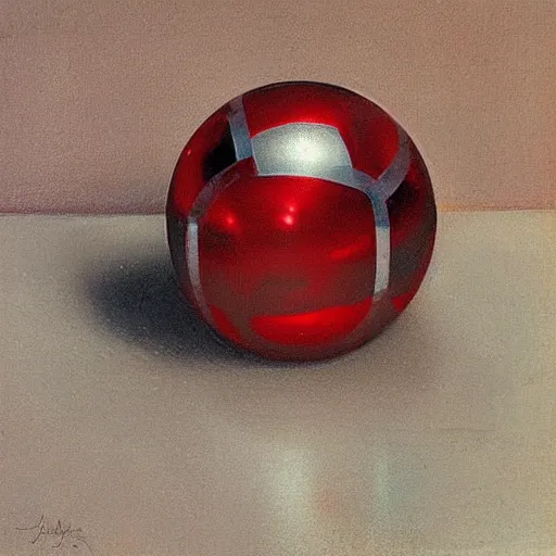 Prompt: chrome spheres on a red cube by john collier