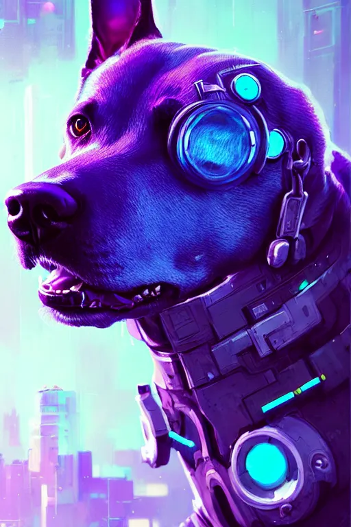 Image similar to a beautiful portrait of a cute cyberpunk dog by greg rutkowski and wlop, purple blue color scheme, high key lighting, volumetric light, digital art, highly detailed, fine detail, intricate, ornate, complex, octane render, unreal engine, photorealistic