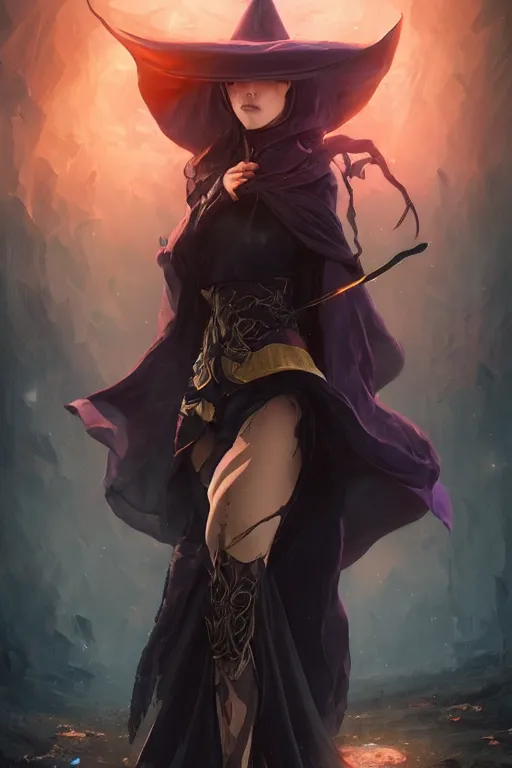 Prompt: a beautiful dark magician girl with a large witches hat that covers her face by Greg Rutkowski, Sung Choi, Mitchell Mohrhauser, Maciej Kuciara, Johnson Ting, Maxim Verehin, Peter Konig, final fantasy , mythical, 8k photorealistic, cinematic lighting, HD, high details, atmospheric,