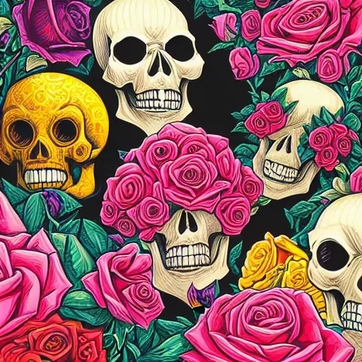 Prompt: ortographic view of large skulls and vivid roses by Jen Bartel and Dan Mumford and Satoshi Kon, gouache illustration