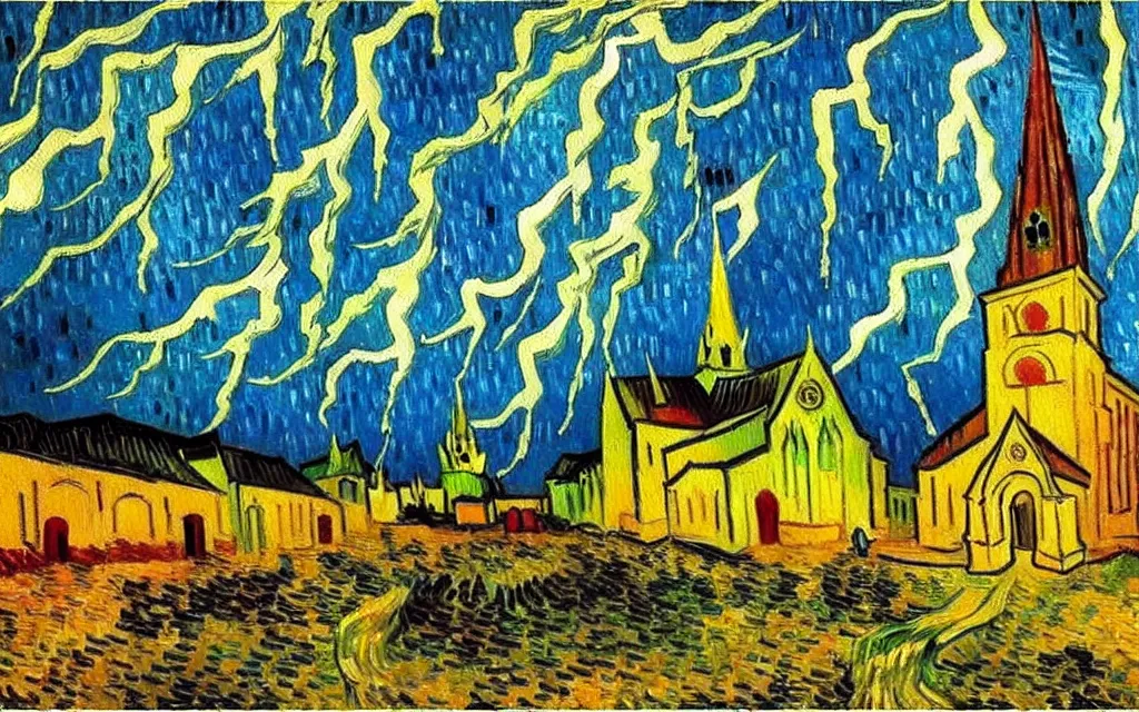 Image similar to expressionist oil painting by van gogh of lightning storm over a tall gothic church, landscape painting, expressionism, 8 k resolution, small brushstrokes, watercolor palette