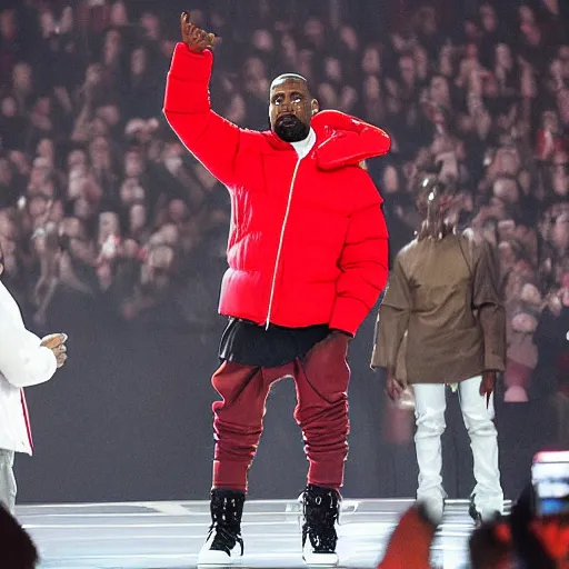 Image similar to kanye west wearing a red puffer jacket and red pants, standing in a stadium