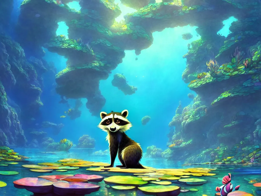 Image similar to the beautiful cartoon animation render a lovely disney raccoon, pop art, underwater world, in the style of makoto shinkai, raphael lacoste louis comfort tiffany, artgerm, karol bak, james jean, ross tran, 8 k hd, fine texture structure, 3 drender