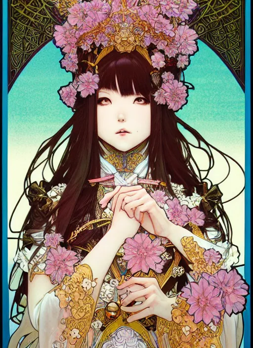 Prompt: highly detailed artgerm artstation minaba hideo fantastic fate katsuhiro otomo manga poster of dressed princess mechine, minaba hideo, alphonse mucha, long hair, armor, laces, ruffles, 8 k, fluorescent, maximalist, jump comics, art nouveau, takato yamamoto