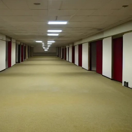 Image similar to Backrooms, old moist carpet, mono-yellow, fluorescent lights, randomly segmented rooms, creepy