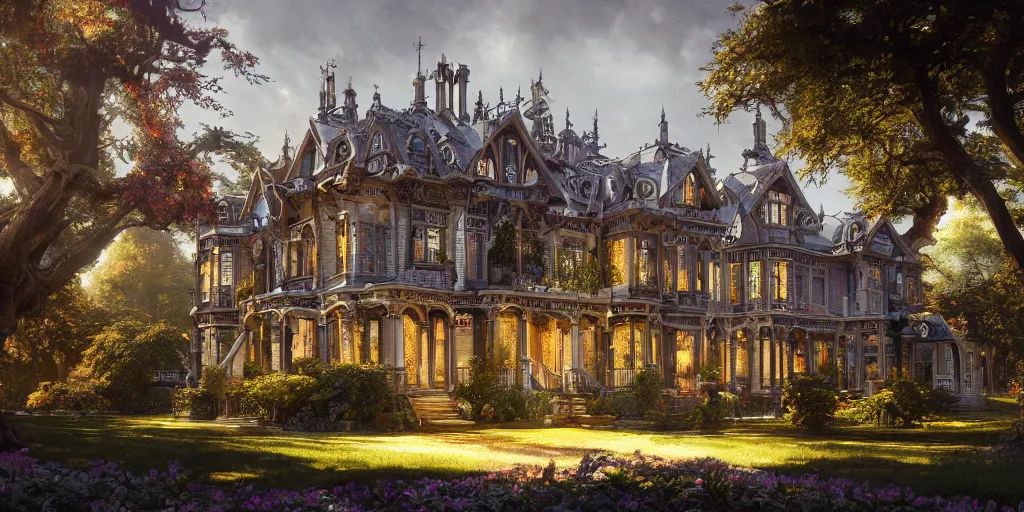 Image similar to a finely detailed photograph of a late Victorian house surrounded by beautiful gardens, view from ground level, elegant, ornate, daytime, beautifully lit scene, ray traced, octane render by Peter Mohrbacher and Peter Gric