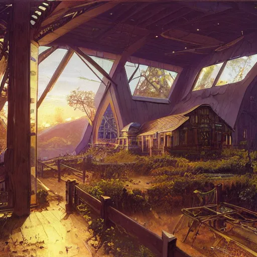 Prompt: painting of syd mead artlilery scifi organic shaped wood house with ornate metal work lands on a farm, fossil ornaments, volumetric lights, purple sun, andreas achenbach