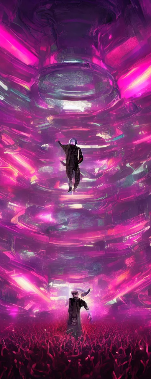 Image similar to Dystopian future, the DJ floats on a platform just above a huge crown of people dancing below to the Techno soundscape, lasers fill the scene with light of red, pink, green and purple, in the style of artgerm and greg rutkowski and alphonse mucha, concept art, ultra realism, photo realism, cgsociety, octane render, artstationHD, artstationHQ, unreal engine, 4k, 8k