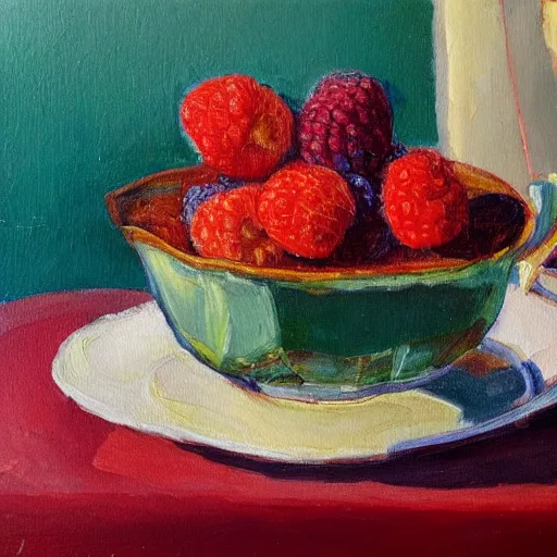 Prompt: a painting of a bowl of berries and a cup of tea, a still life by juliette wytsman, featured on deviantart, american impressionism, rich color palette, acrylic on canvas