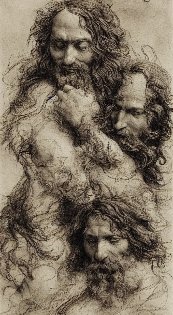 Image similar to Jean-Baptiste Monge and Alex Ross a artwork of leonardo da vinci sketches