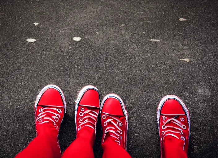 Image similar to legs of a woman sitting on the ground on a curb, knees up, very short pants, wearing red converse shoes, wet aslphalt road after rain, blurry background, sigma 8 5 mm