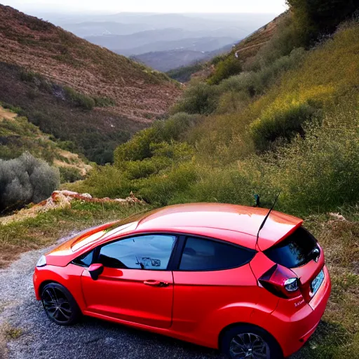 Prompt: red ford fiesta mk 6 zetec on a mountain road, spain, award winning photograph, golden hour