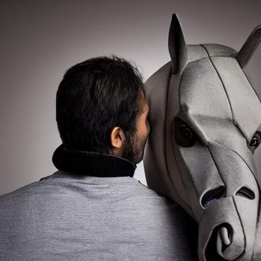 Image similar to man wearing horse head mask on shoulder of man