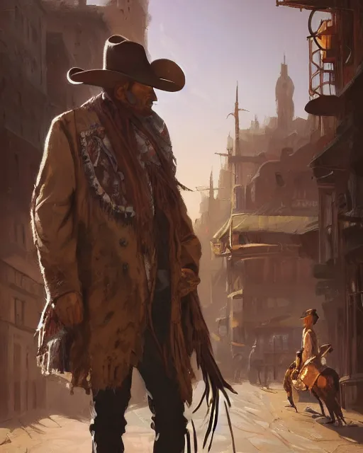 Image similar to the shadow, native American scarf, beige cowboy hat, western jacket and a bokeh western town background, highly detailed, hard light digital painting, artstation, concept art, sharp focus, illustration, inspired by greg rutkowski and alphonse mucha