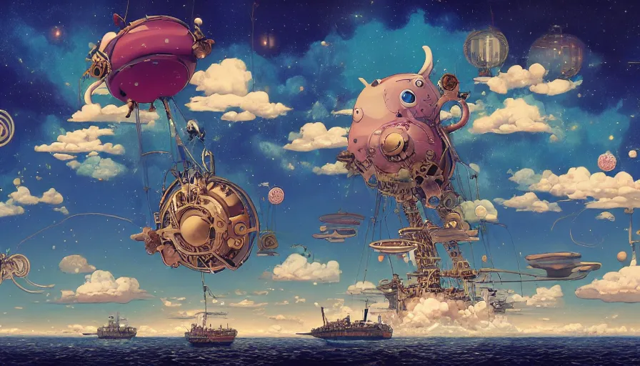 Prompt: a steampunk ship in the sky above the sea y by takashi murakami,, beeple and james jean, aya takano color style, 4 k, super detailed, night sky, digital art, digital painting, celestial, majestic, colorful