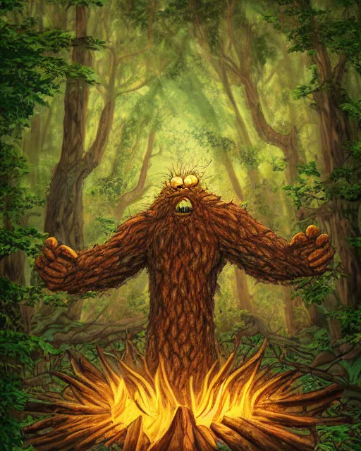 Image similar to a giant relaxed tree monster laying down in a firewood - fire, digital art, high detail