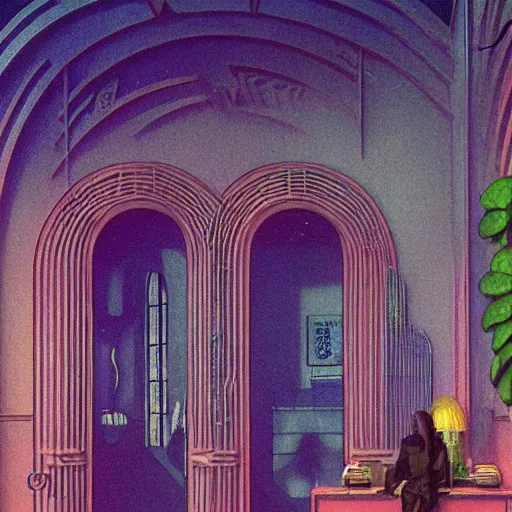 Prompt: art deco interior with arched windows, neon lighting, hanging plants, cinematic, cyberpunk, lofi, calming, peaceful, vaporwave, very very detailed, dramatic, fantasy, by Moebius, by zdzisław beksiński, Fantasy LUT, epic composition,