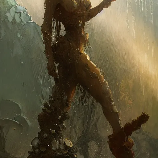 Image similar to a full body portrait of a beautiful teen post apocalyptic offworld neoicelandic biofarmer swimming by the waterfalls, intricate, elegant, highly detailed, digital painting, artstation, concept art, smooth, sharp focus, illustration, art by krenz cushart and artem demura and alphonse mucha