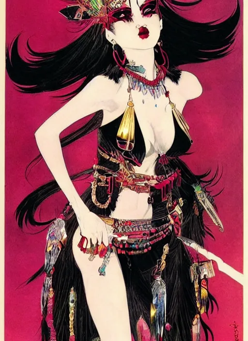 Image similar to mighty female korean vampiress, jeweled headdress, heavy mascara, strong line, saturated color, beautiful! coherent! by frank frazetta, high contrast, minimalism