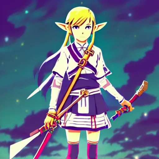 Image similar to a beautiful! young feminine link from botw, wearing japanese catholic school girl outfit with mayan pattern and native style, aztec street fashion, guilty gear art direction, perfect anime face, gapmoe yandere grimdark, trending on pixiv fanbox, painted by greg rutkowski makoto shinkai takashi takeuchi studio ghibli, akihiko yoshida