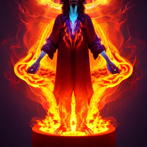 Prompt: picture of an humanoid llama wizard, made of flames and surrounded by flames, hyperrealistic, highly detailed, 1 6 k, high quality, diffuse light, intricate, digital painting, trending in artstation, smooth marble surfaces, volumetric light, cinematic