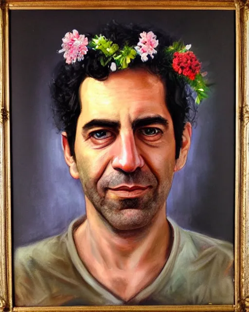 Prompt: a painting of jeffry epstein with flowers in his hair, a character portrait by drew struzan, behance contest winner, american scene painting, oil on canvas, matte drawing, studio portrait